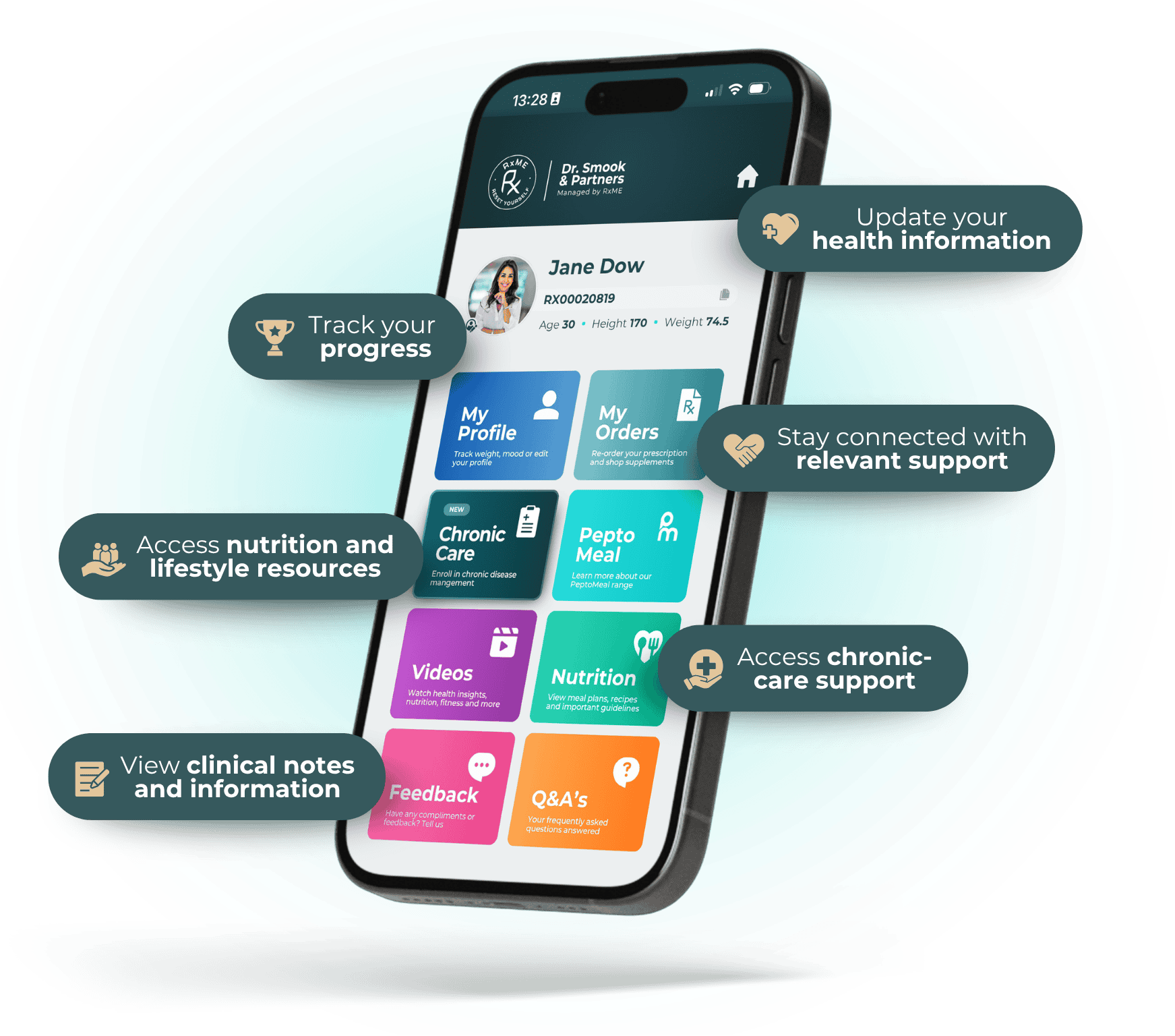 Patient portal on a phone showing profile and care modules